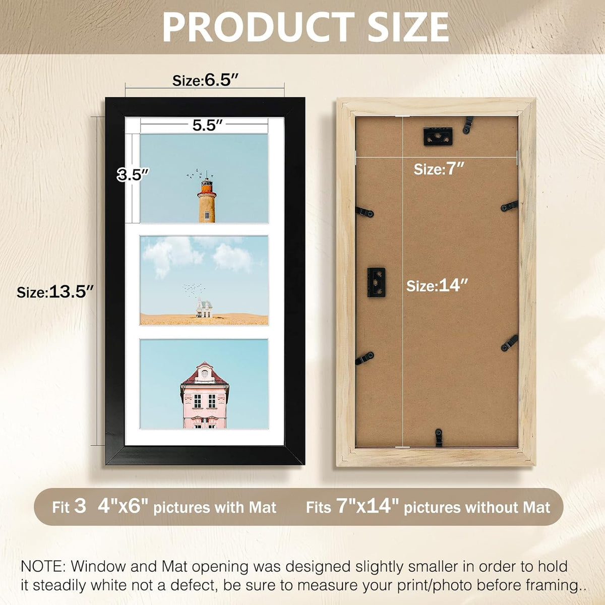 Collage Picture Frame for 3 Photos – 7" x 14" Black Wood Frame