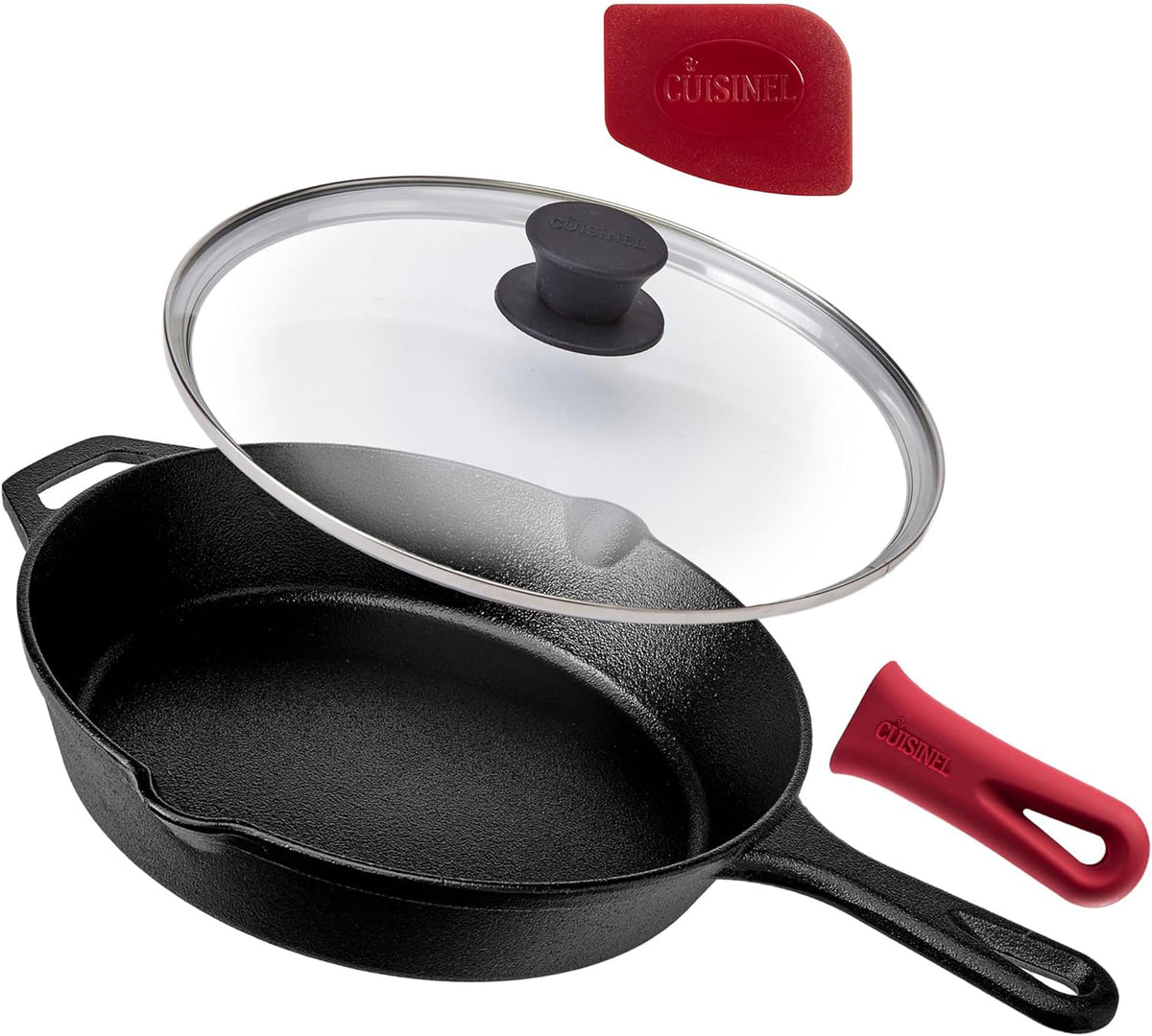 Cast Iron Skillet Set with Glass Lids & Silicone Handle Covers