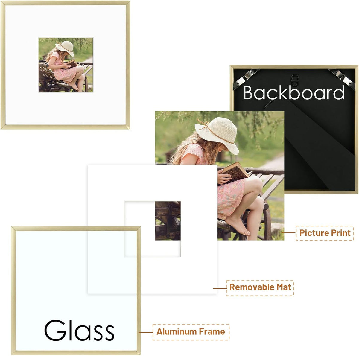 8" x 8" Aluminum Picture Frame with Mat – Gold