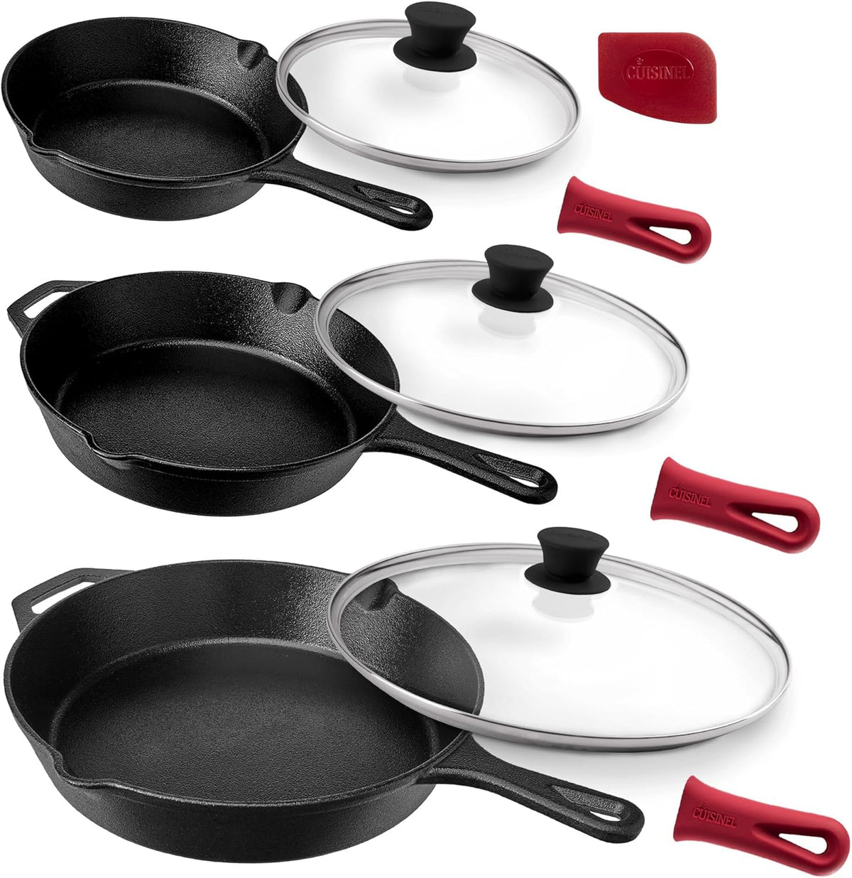 Cast Iron Skillet Set with Glass Lids & Silicone Handle Covers