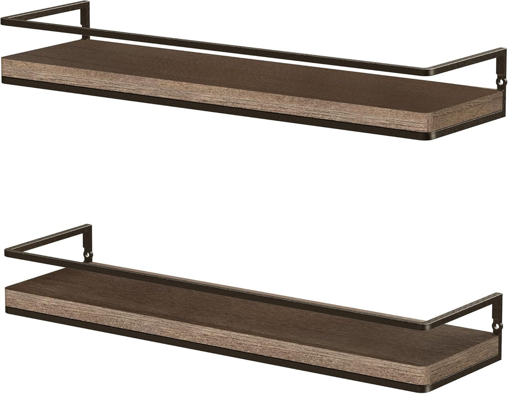 Floating Shelves Wall Mounted Set of 2, Rustic Wood Wall Storage Shelves for Bedroom,Living Room,Bathroom, Kitchen Brown