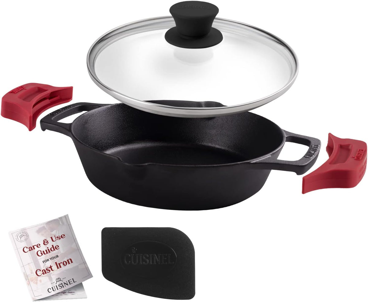 Cast Iron Skillet Set with Glass Lids & Silicone Handle Covers