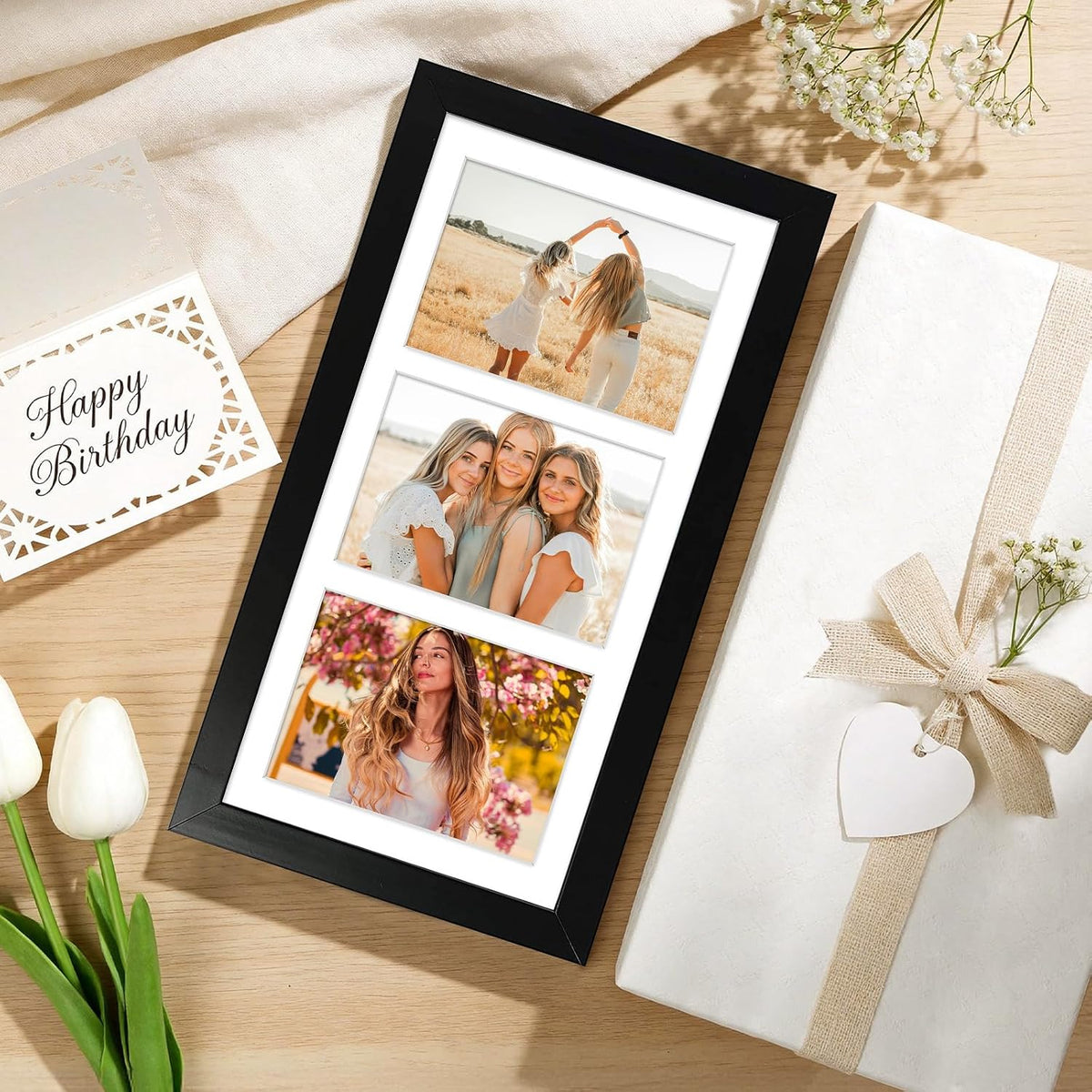Collage Picture Frame for 3 Photos – 7" x 14" Black Wood Frame