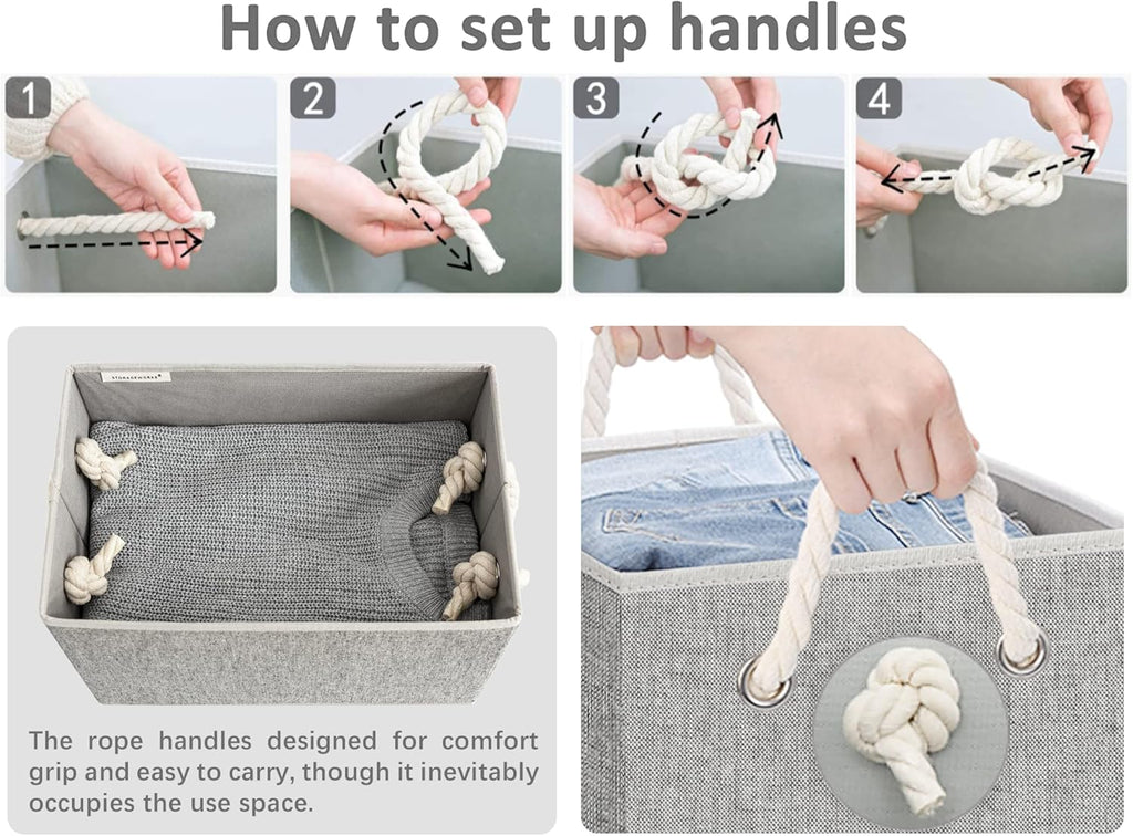 Storage Bins with Lids, Decorative Storage Boxes with Lid and Soft Rope Handles, Foldable Storage Baskets for Closet, Shelves, Stackable, 3-Pack, Gray, Large
