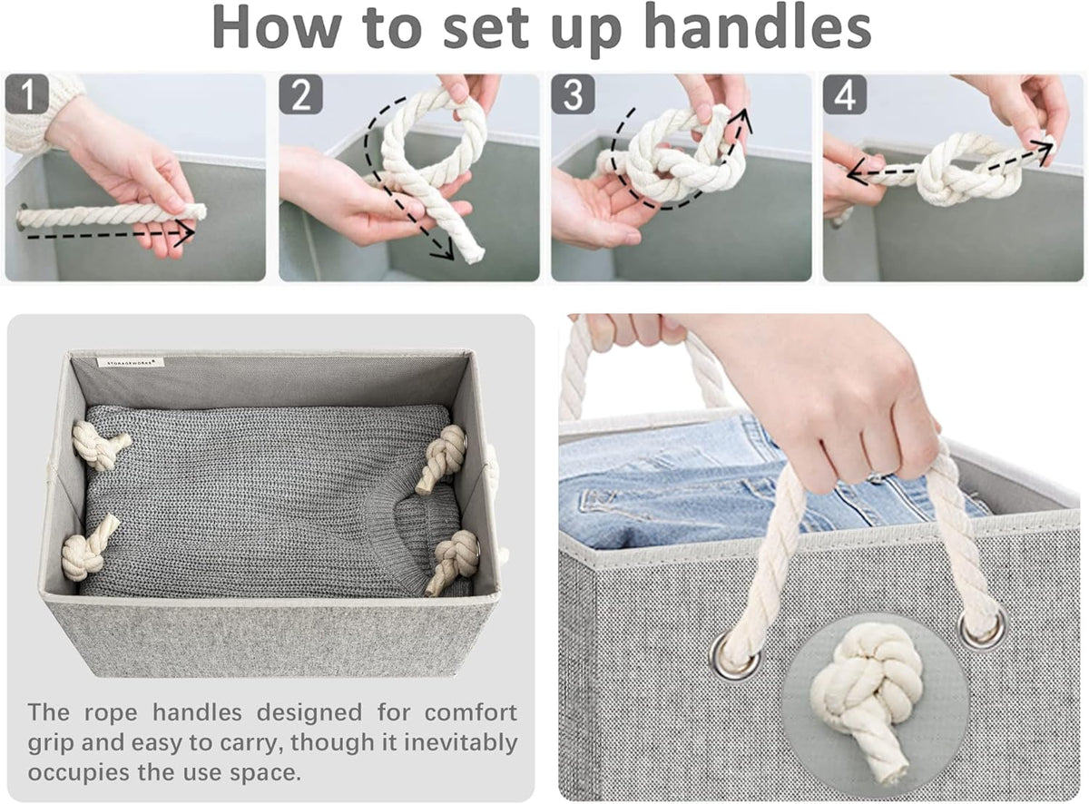 Storage Bins with Lids, Decorative Storage Boxes with Lid and Soft Rope Handles, Foldable Storage Baskets for Closet, Shelves, Stackable, 3-Pack, Gray, Large