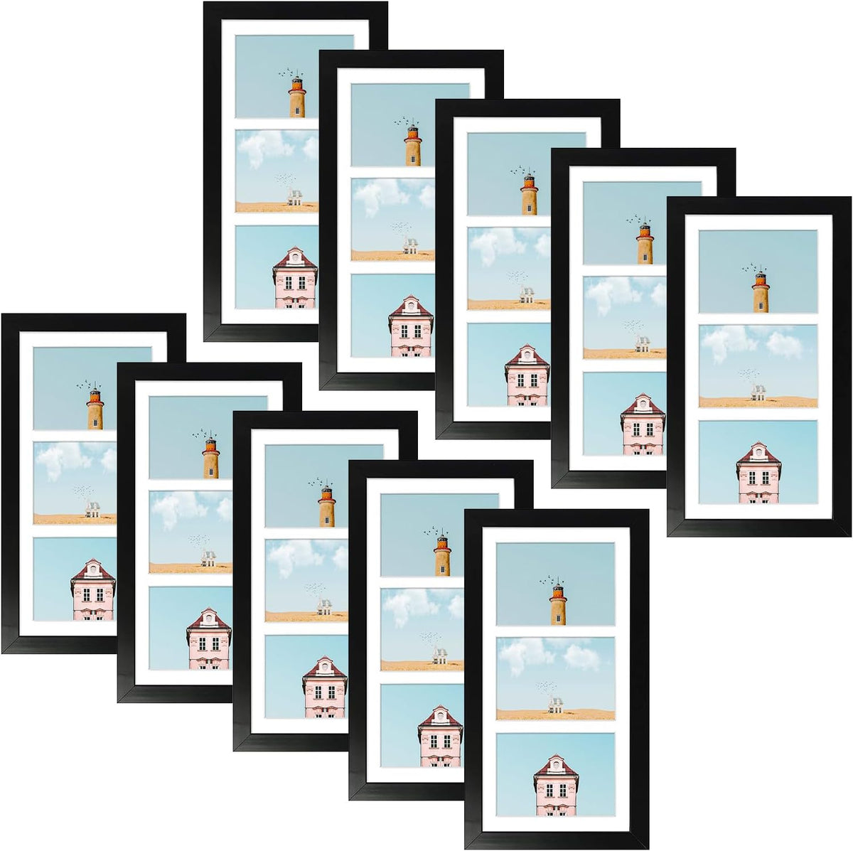Collage Picture Frame for 3 Photos – 7" x 14" Black Wood Frame