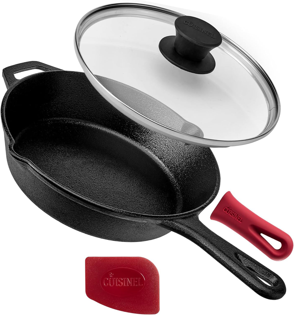 Cast Iron Skillet Set with Glass Lids & Silicone Handle Covers
