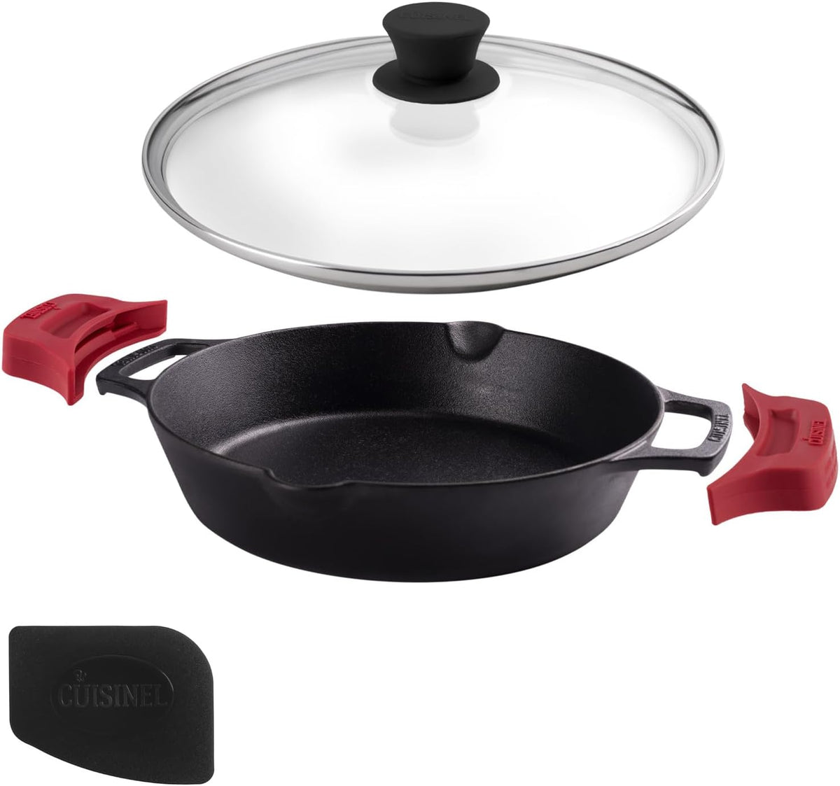 Cast Iron Skillet Set with Glass Lids & Silicone Handle Covers