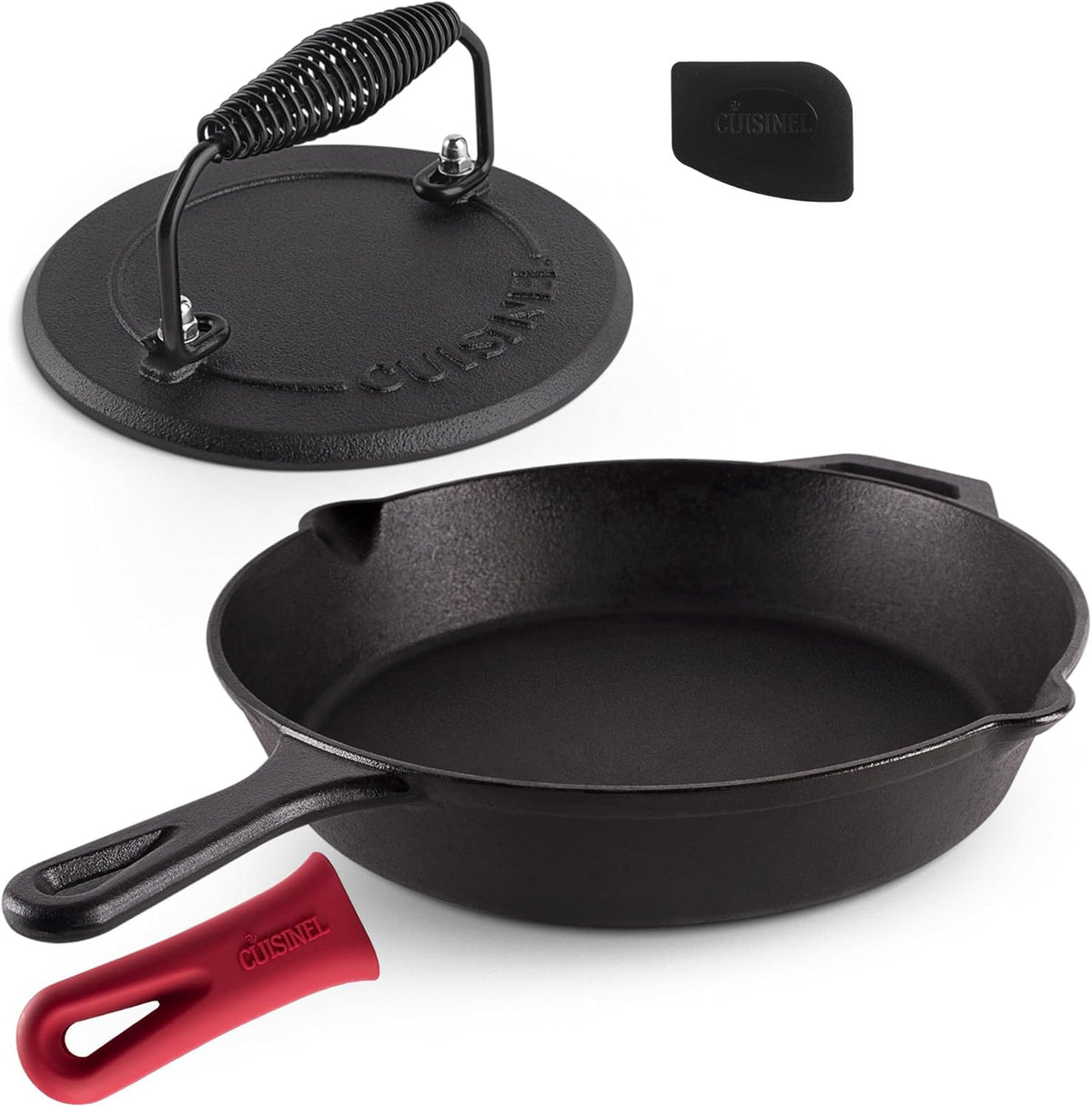 Cast Iron Skillet Set with Glass Lids & Silicone Handle Covers