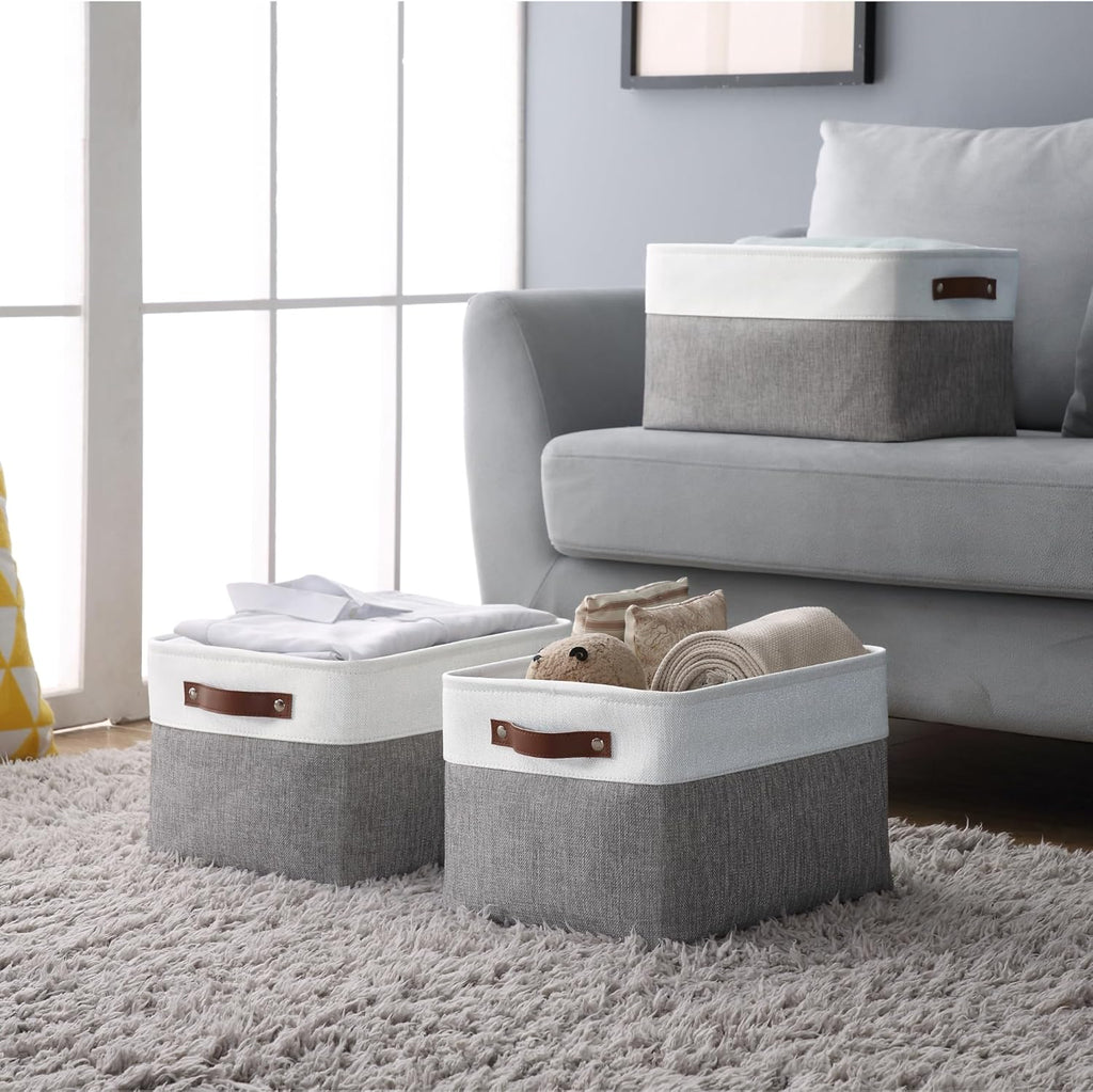 Large Fabric Storage Bins Set of 4 – Grey & White