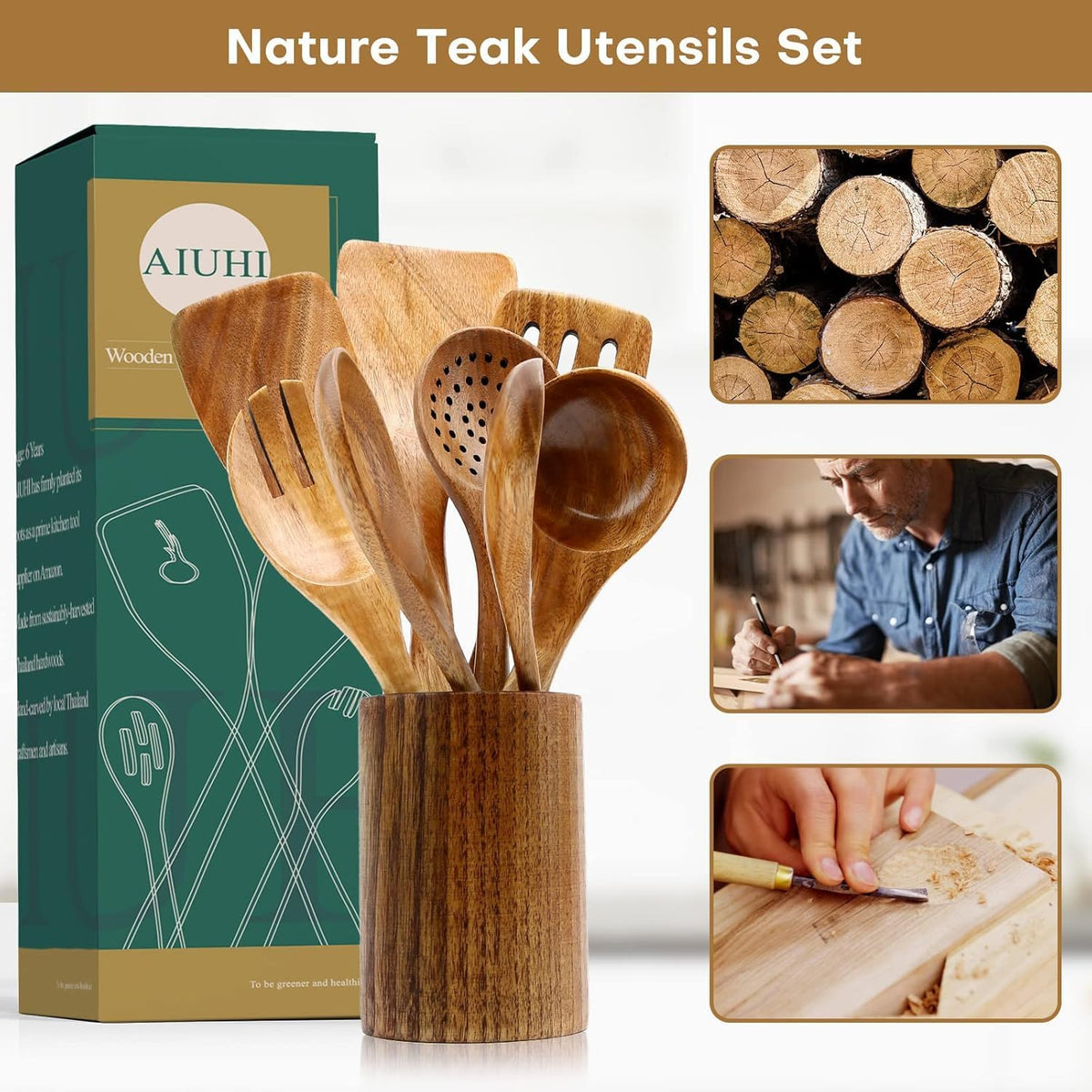 Teak Wood Kitchen Utensil Set – 8 Piece Cooking Tool Collection