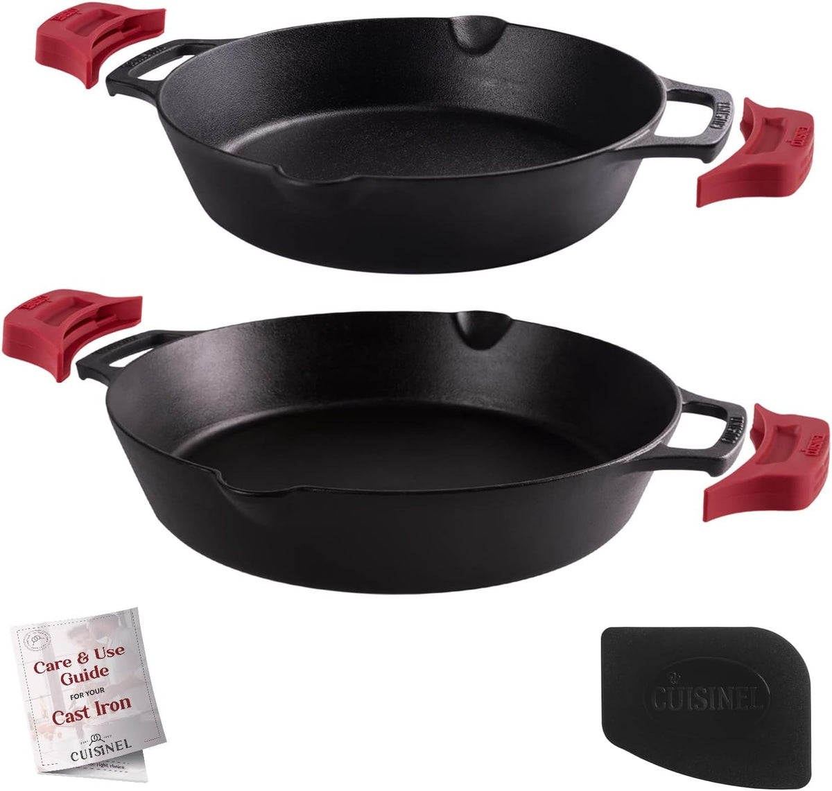 Cast Iron Skillet Set with Glass Lids & Silicone Handle Covers